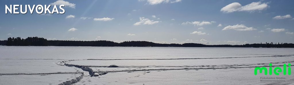 talvinen kuvituskuva, aurinkoinen ja luminen järvimaisema